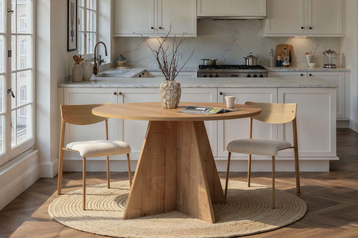 Tamsk 120cm Round Dining Table for 4 with Panel Legs — Oak