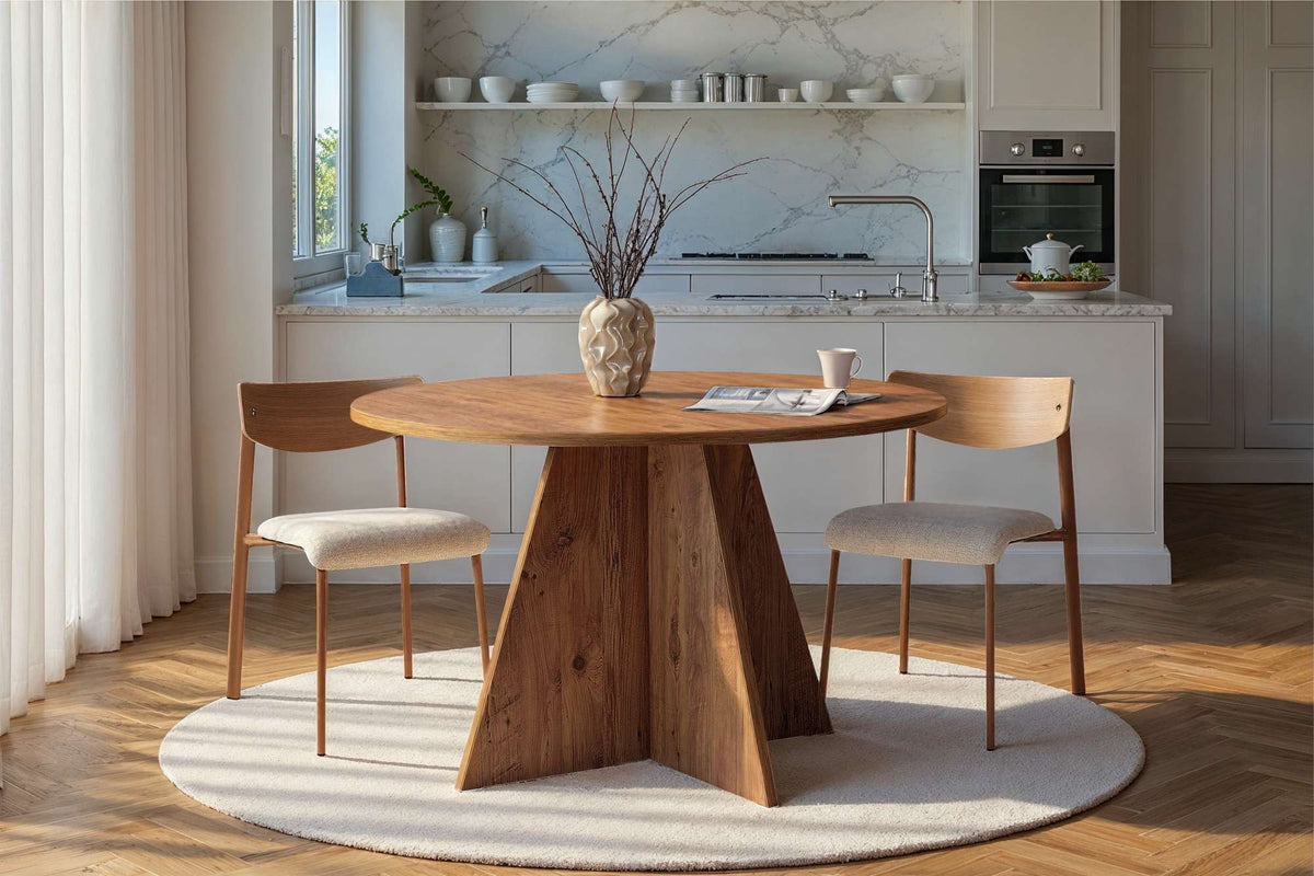 Tamsk 120cm Round Dining Table for 4 with Panel Legs — Rustic Oak Effect