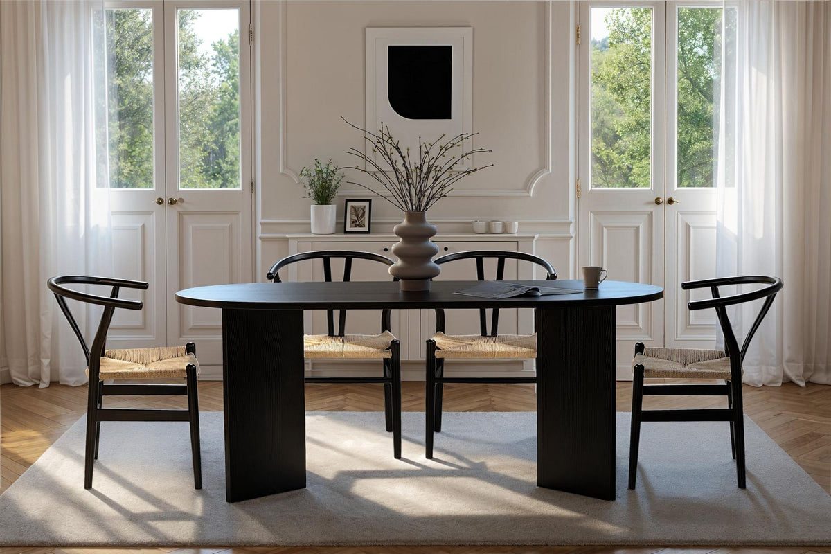 Vanrik 180x90cm Oval Dining Table with Twin Panel Legs — Black Wood