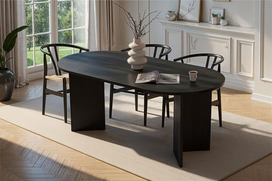 Vanrik 180x90cm Oval Dining Table with Twin Panel Legs — Black Wood
