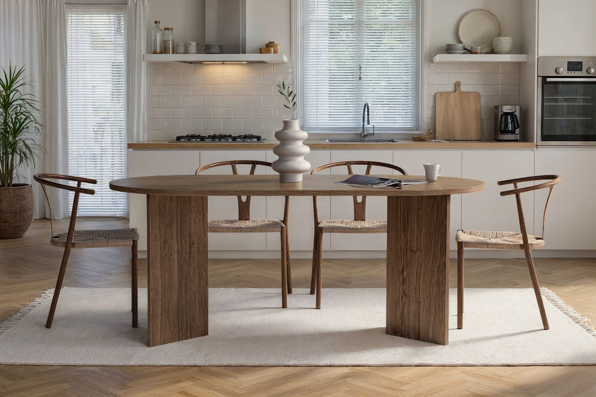 Vanrik 180x90cm Oval Dining Table with Twin Panel Legs — Natural Walnut Effect