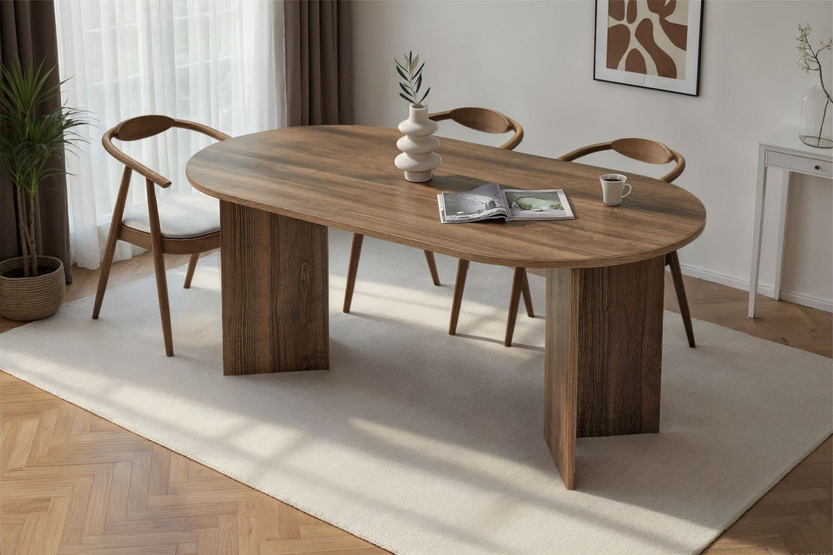 Vanrik 180x90cm Oval Dining Table with Twin Panel Legs — Natural Walnut Effect