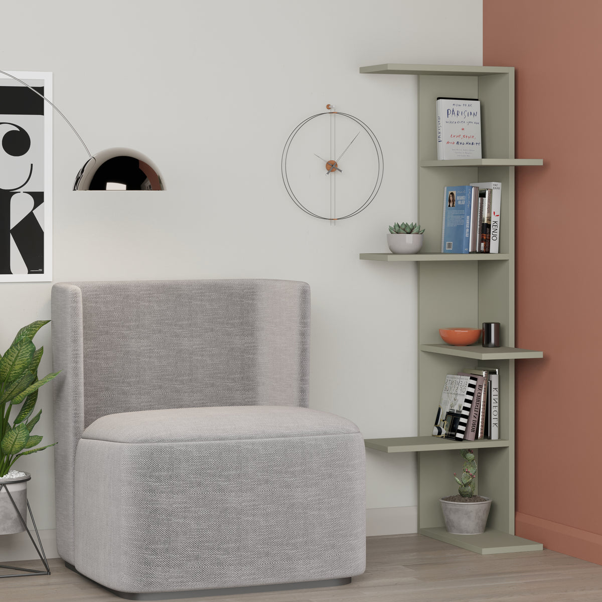Slim corner bookcase with open vertical shelves, ideal for storing books or décor in small modern living spaces