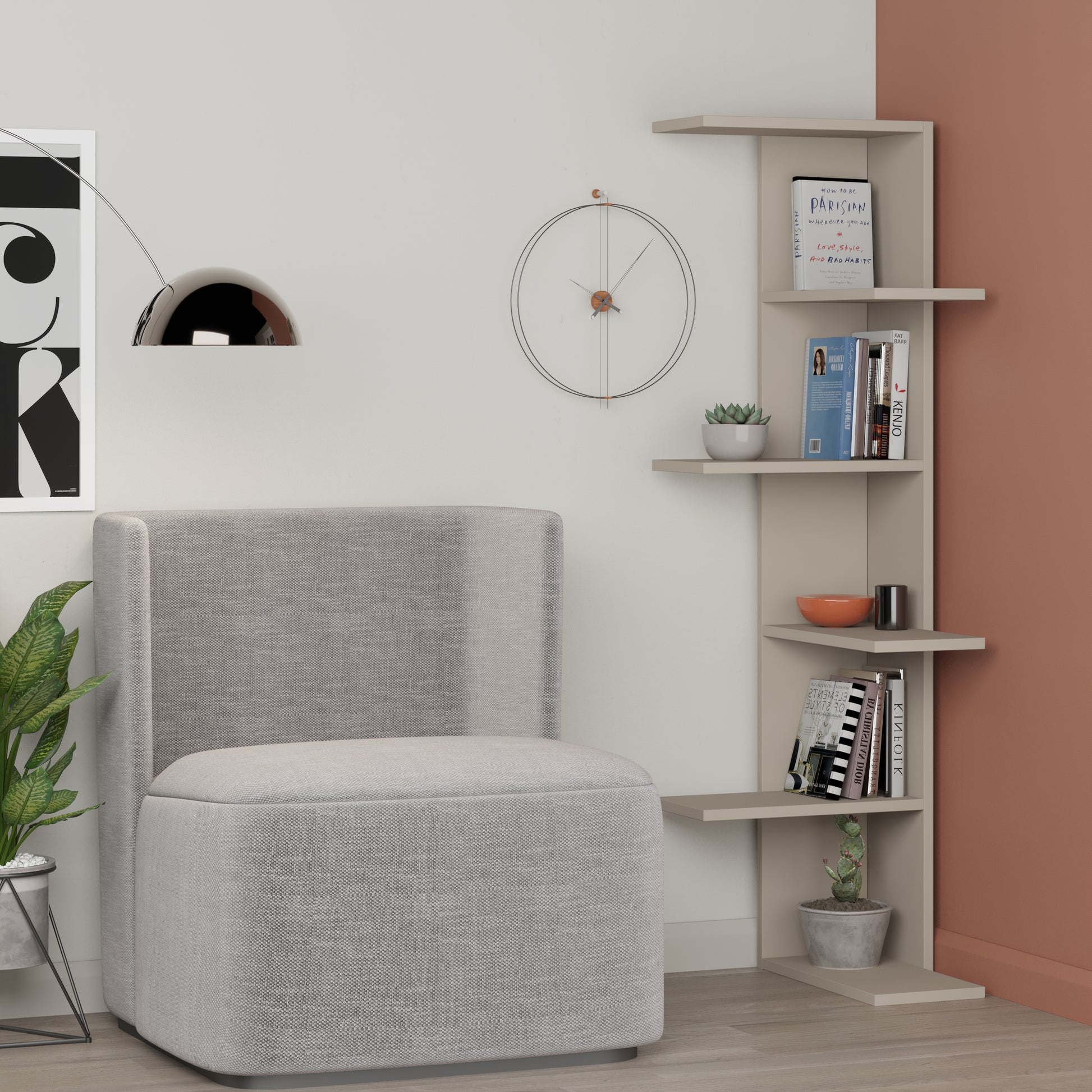 Slim corner bookcase with open vertical shelves, ideal for storing books or décor in small modern living spaces