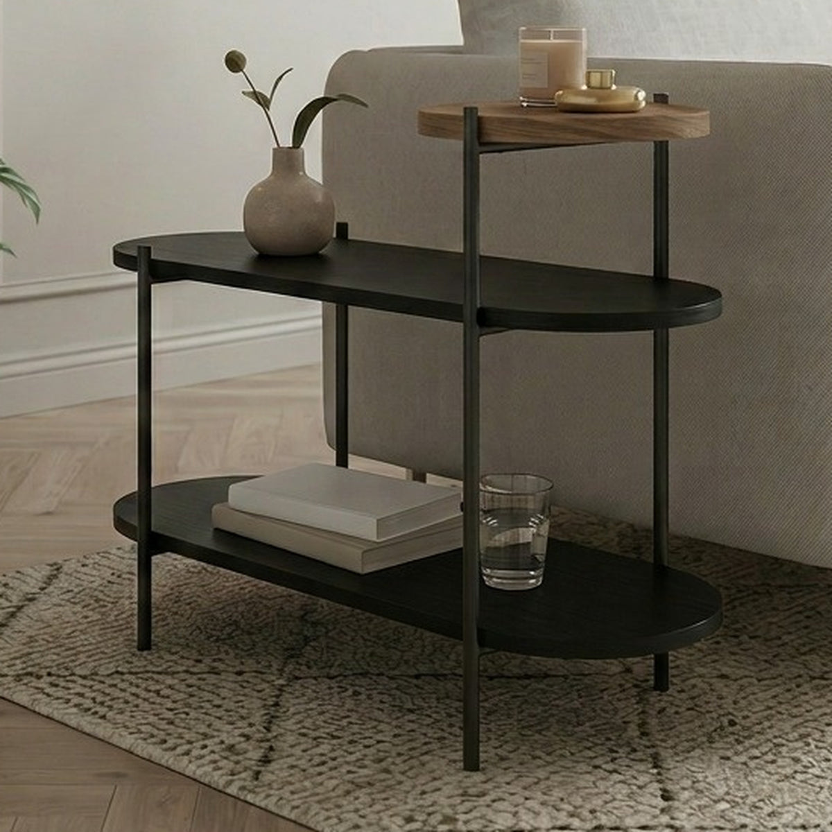 Fyrel 64cm 3-Tier Display Side Table with Metal Frame — Black Wood