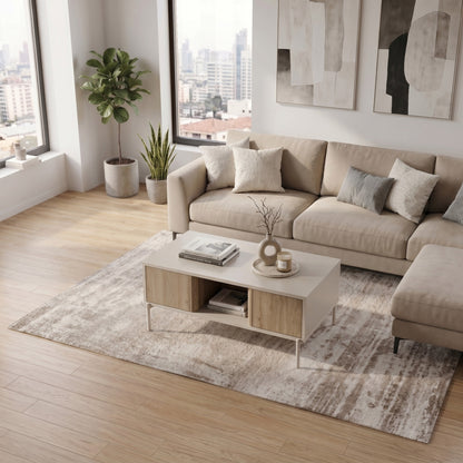 Fennor 90 cm Coffee Table with 2 Pull-Out Storage Boxes — Natural Oak, Sandstone