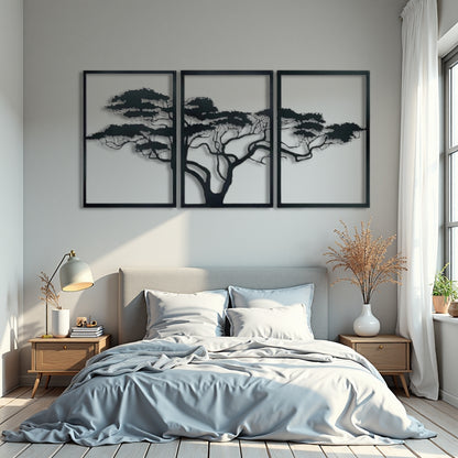 African Tree Metal Wall Art – 3 Panel Black Metal Wall Decor for Indoor & Outdoor Spaces