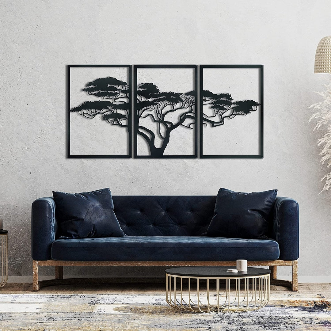 African Tree Metal Wall Art – 3 Panel Black Metal Wall Decor for Indoor & Outdoor Spaces