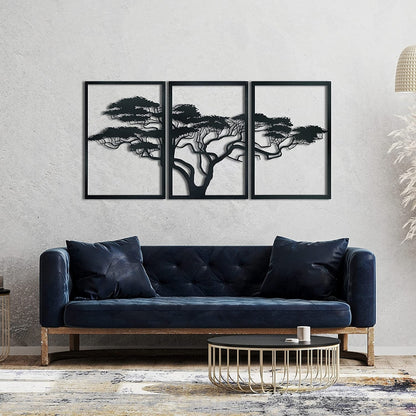 African Tree Metal Wall Art – 3 Panel Black Metal Wall Decor for Indoor & Outdoor Spaces
