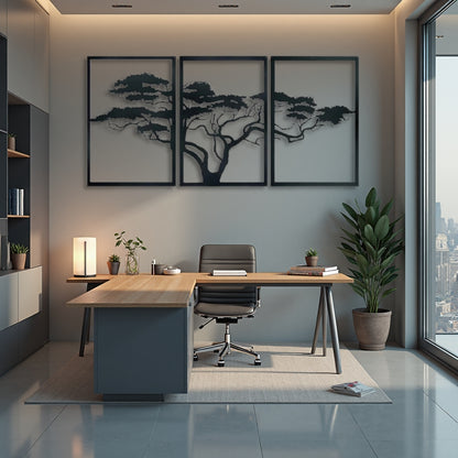 African Tree Metal Wall Art – 3 Panel Black Metal Wall Decor for Indoor & Outdoor Spaces