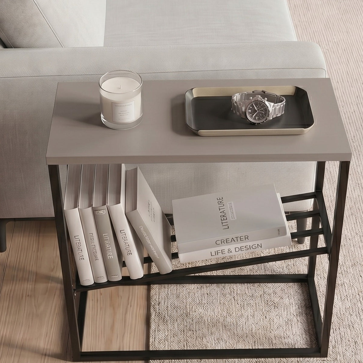 Rimble 55cm End Table with Angled Book Rack — Light Mocha