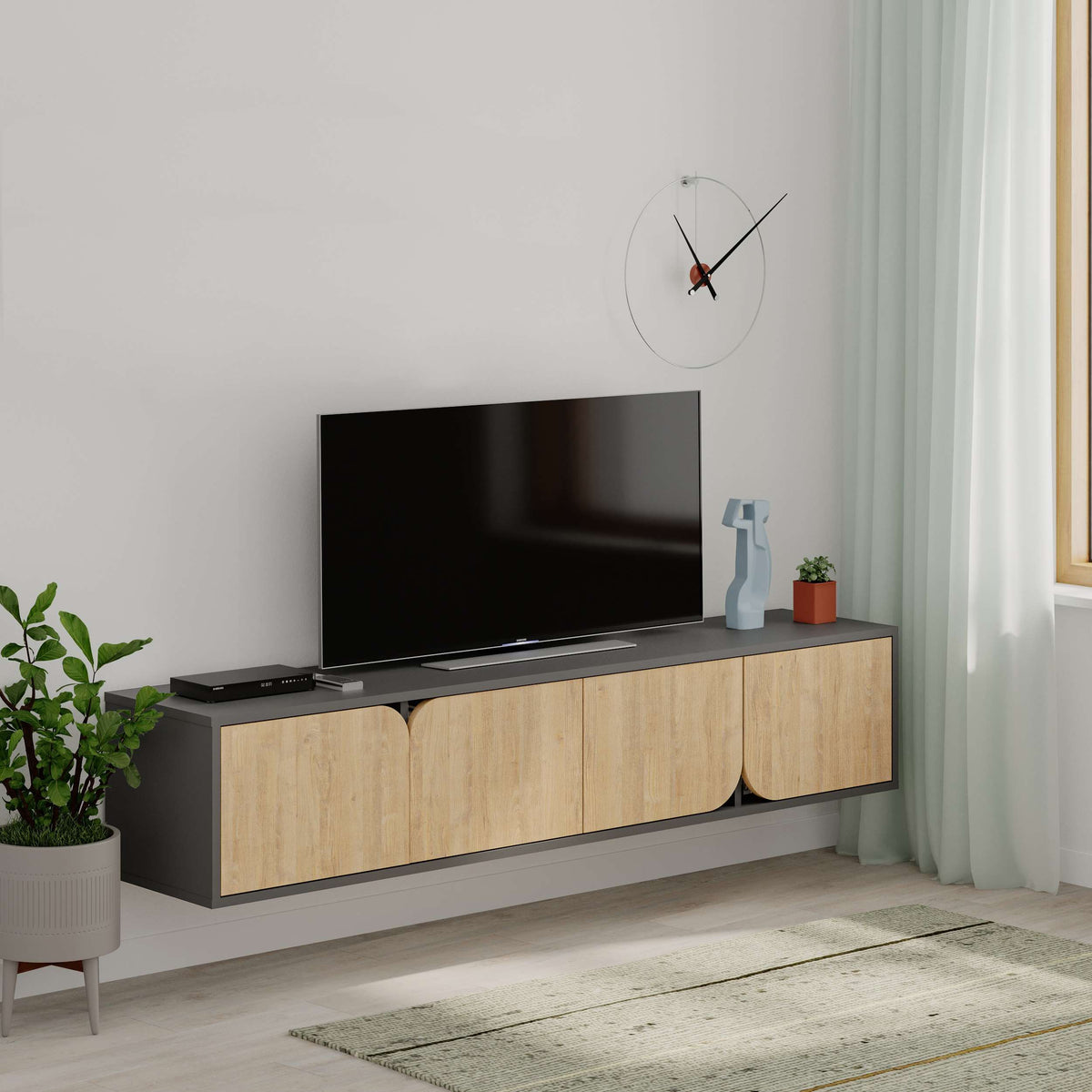 Wall-mounted TV unit with 4 storage cabinets, ideal for living room entertainment setup and cable organisation