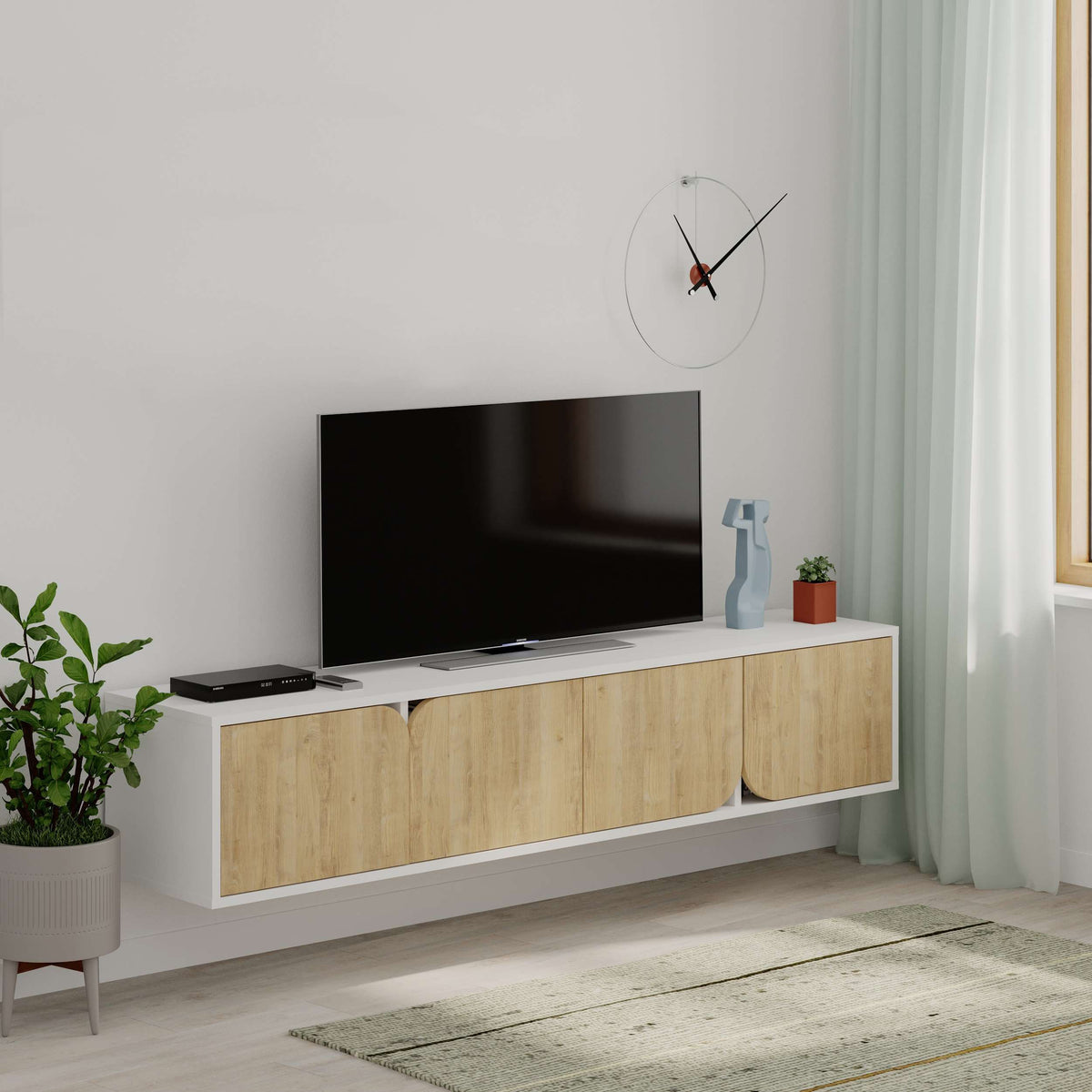 Wall-mounted TV unit with 4 storage cabinets, ideal for living room entertainment setup and cable organisation
