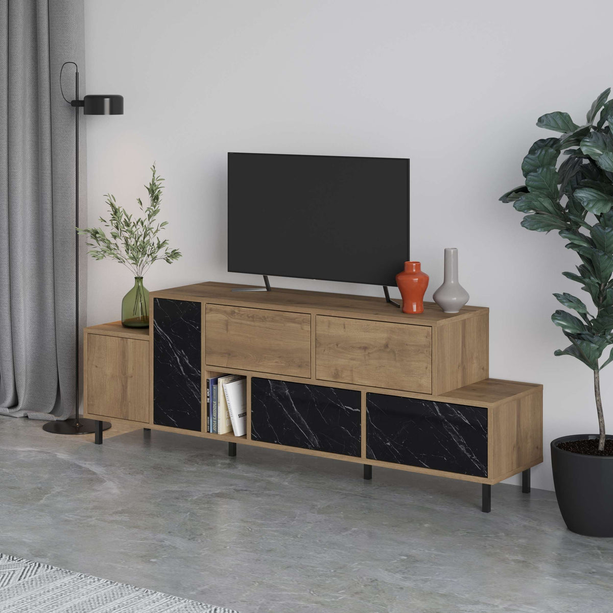 Stepped marble-effect and wood-effect TV unit with push-open drawers and shelves, ideal for stylish living room media storage.