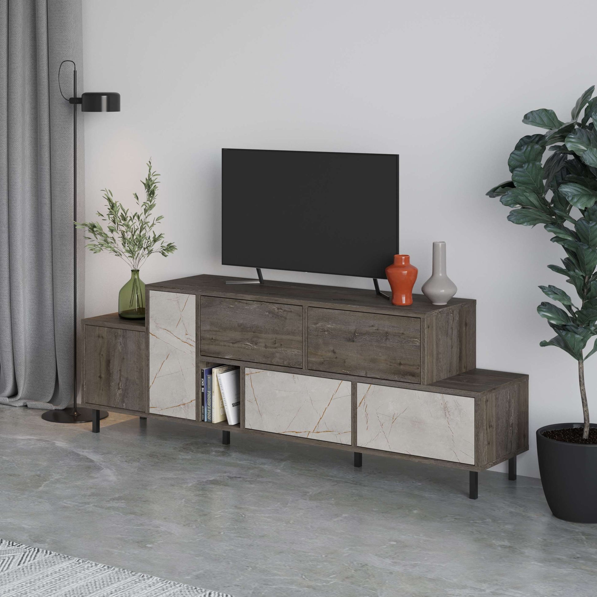 Stepped marble-effect and wood-effect TV unit with push-open drawers and shelves, ideal for stylish living room media storage.