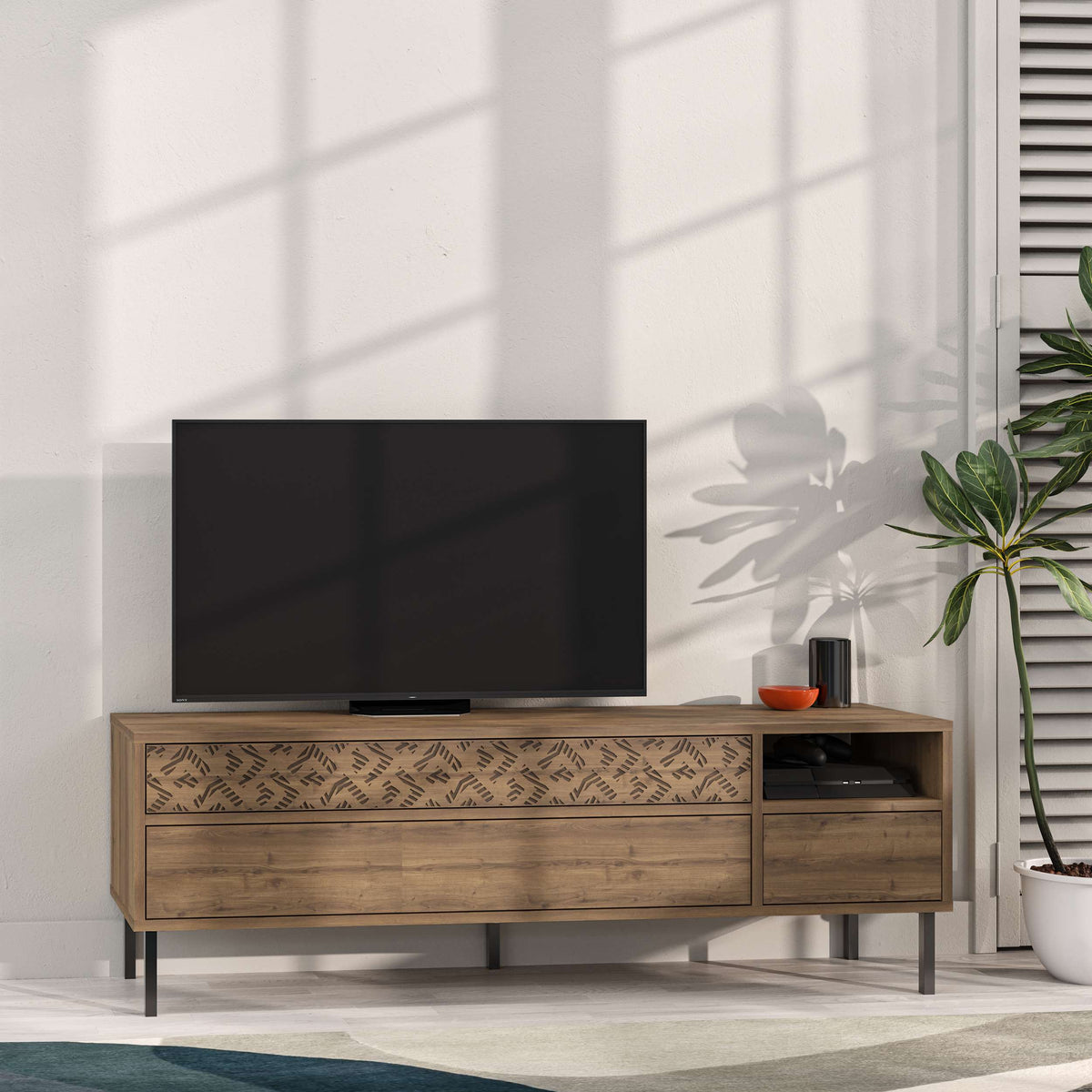 TV unit with drawers, open shelf and decorative front panel for living room media storage