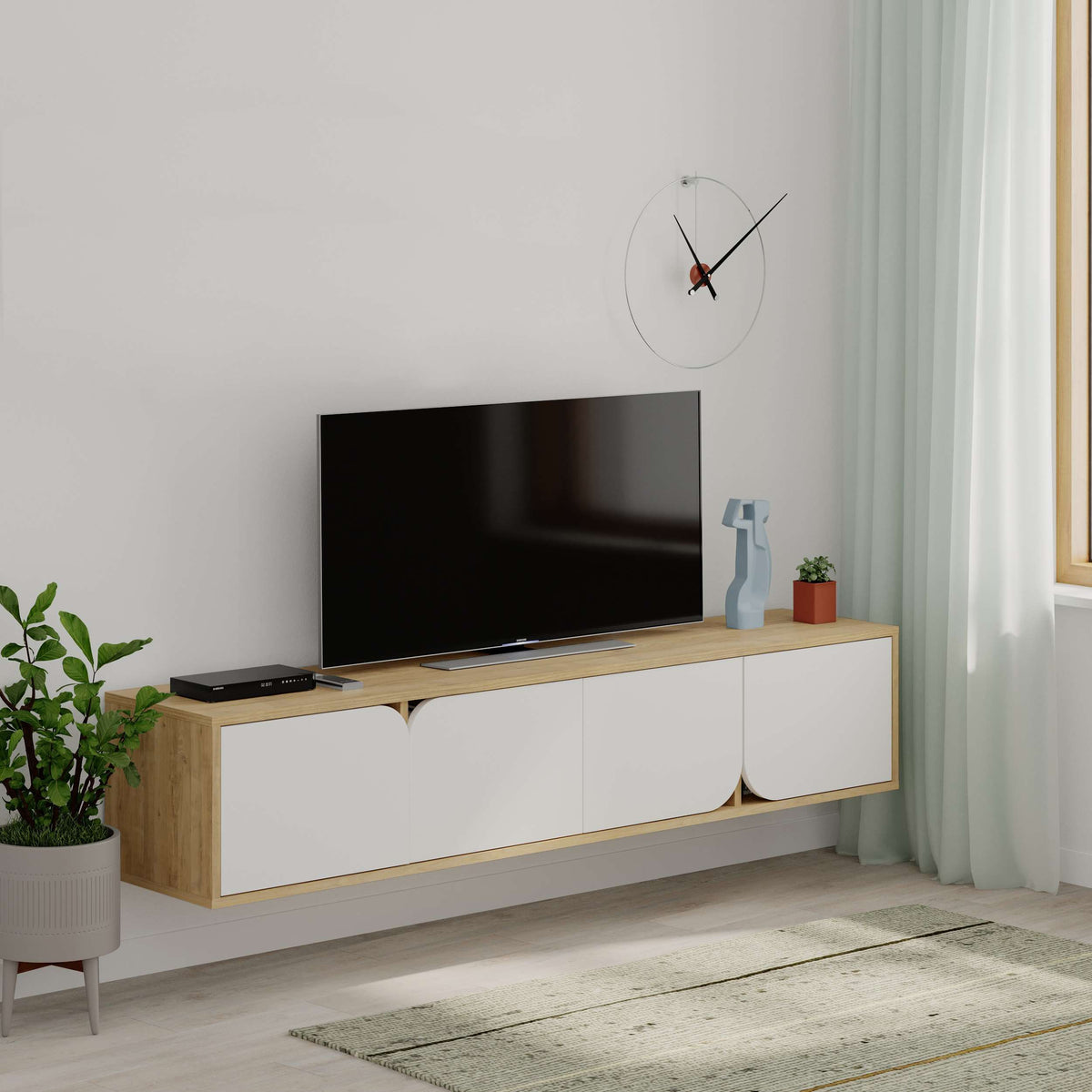 Wall-mounted TV unit with 4 storage cabinets, ideal for living room entertainment setup and cable organisation