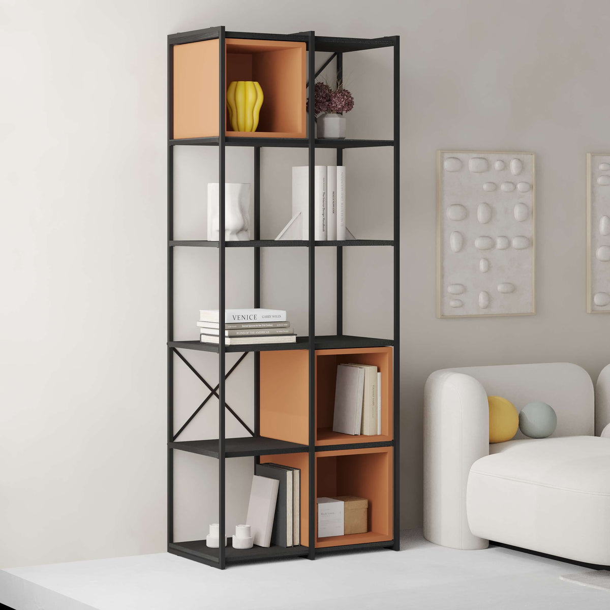 Contemporary open bookcase with cube shelves and metal frame, ideal for living room or study room storage.