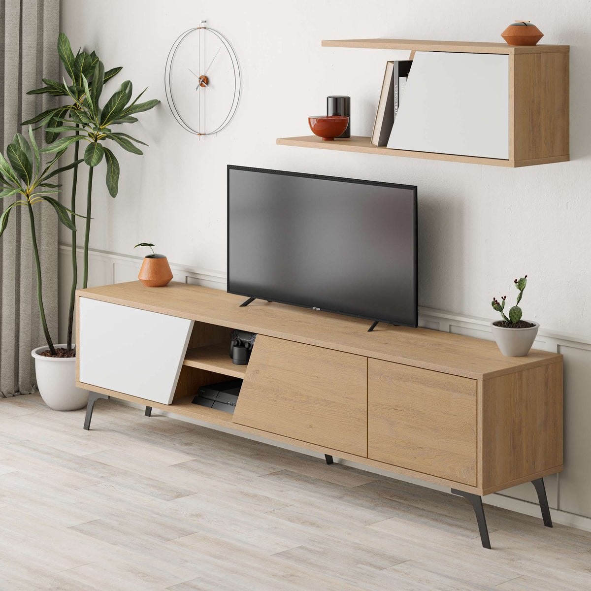 Contemporary TV unit with angled cabinet doors, media shelf and wall-mounted storage, ideal for organised entertainment spaces.