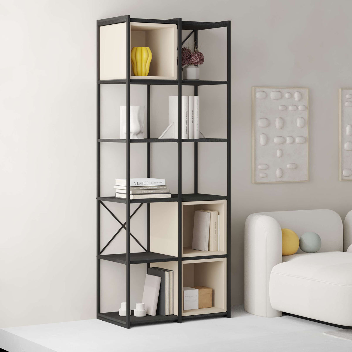 Contemporary open bookcase with cube shelves and metal frame, ideal for living room or study room storage.