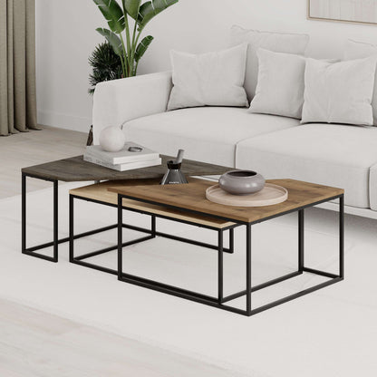 3-piece nesting coffee table set with geometric tops and metal frames, perfect for flexible and space-saving living room use.