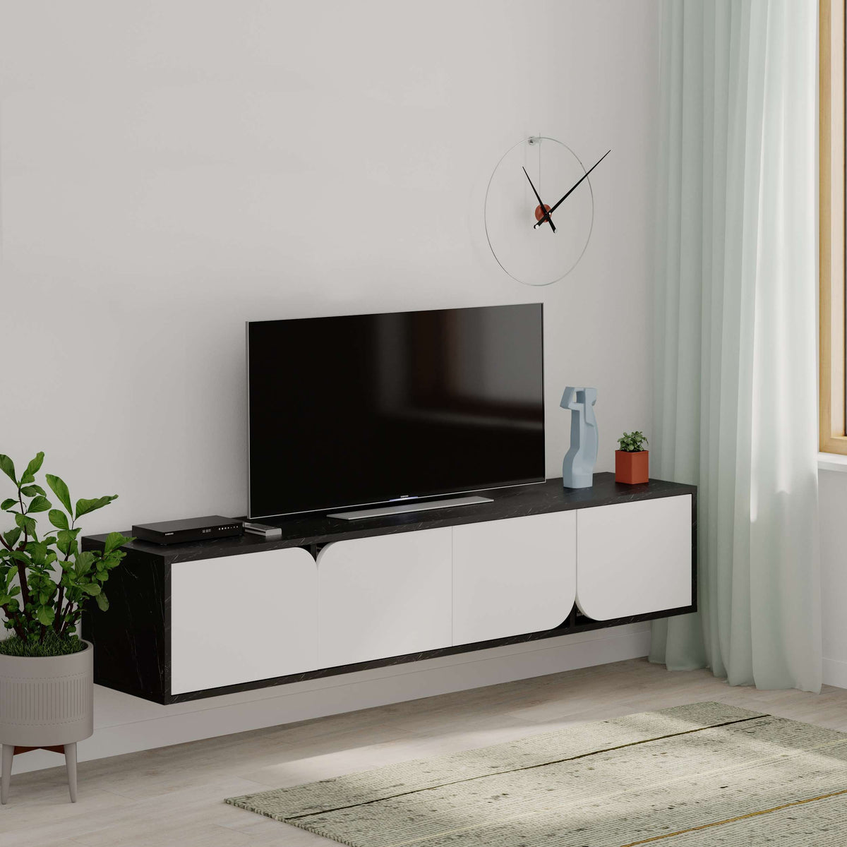 Wall-mounted TV unit with 4 storage cabinets, ideal for living room entertainment setup and cable organisation