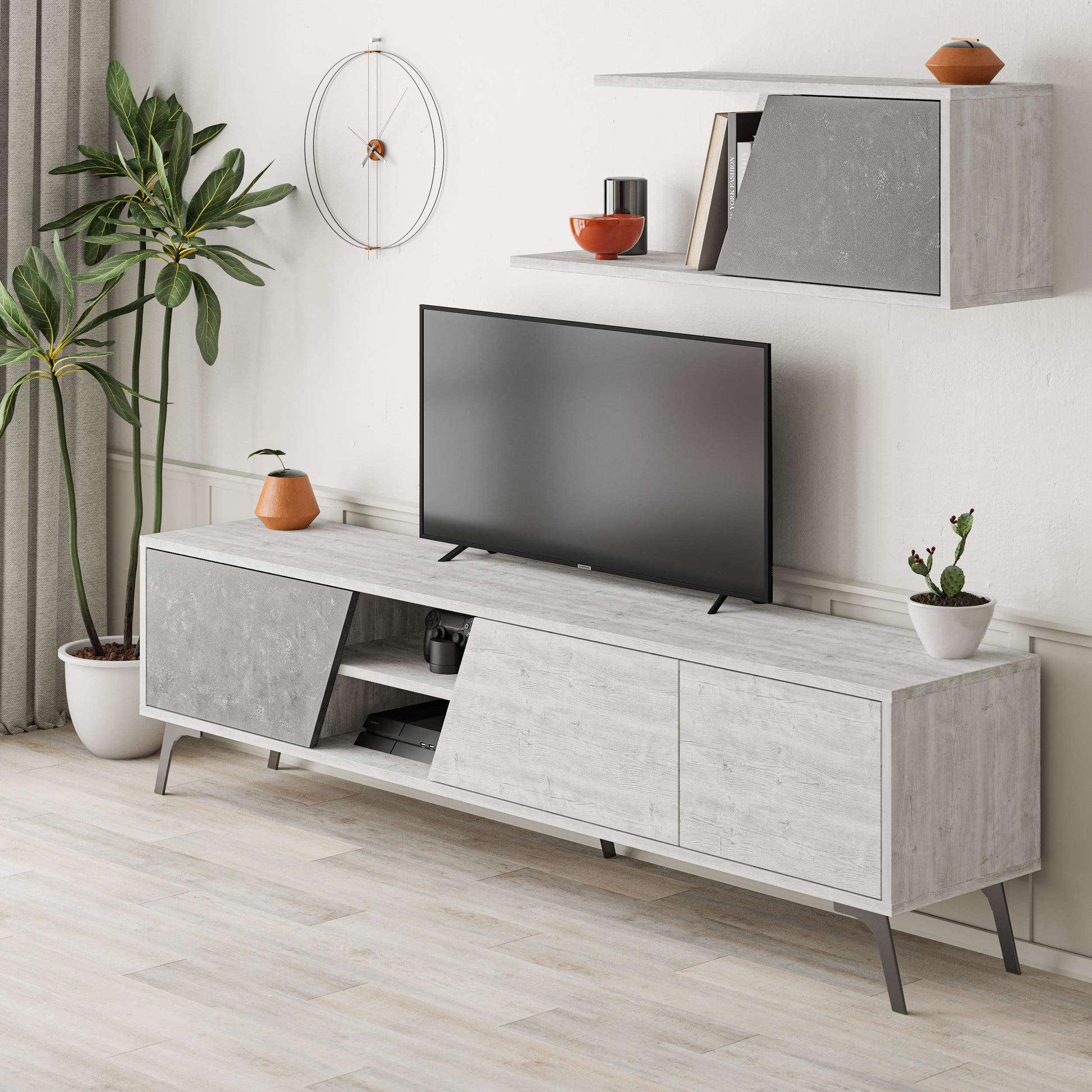 Contemporary TV unit with angled cabinet doors, media shelf and wall-mounted storage, ideal for organised entertainment spaces.