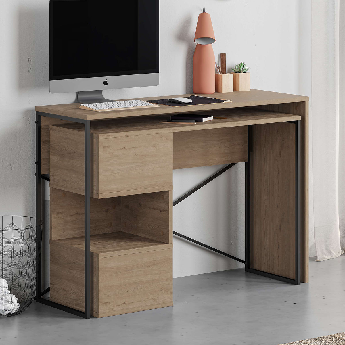 L-shaped computer desk with open shelves for home office, study or gaming setup