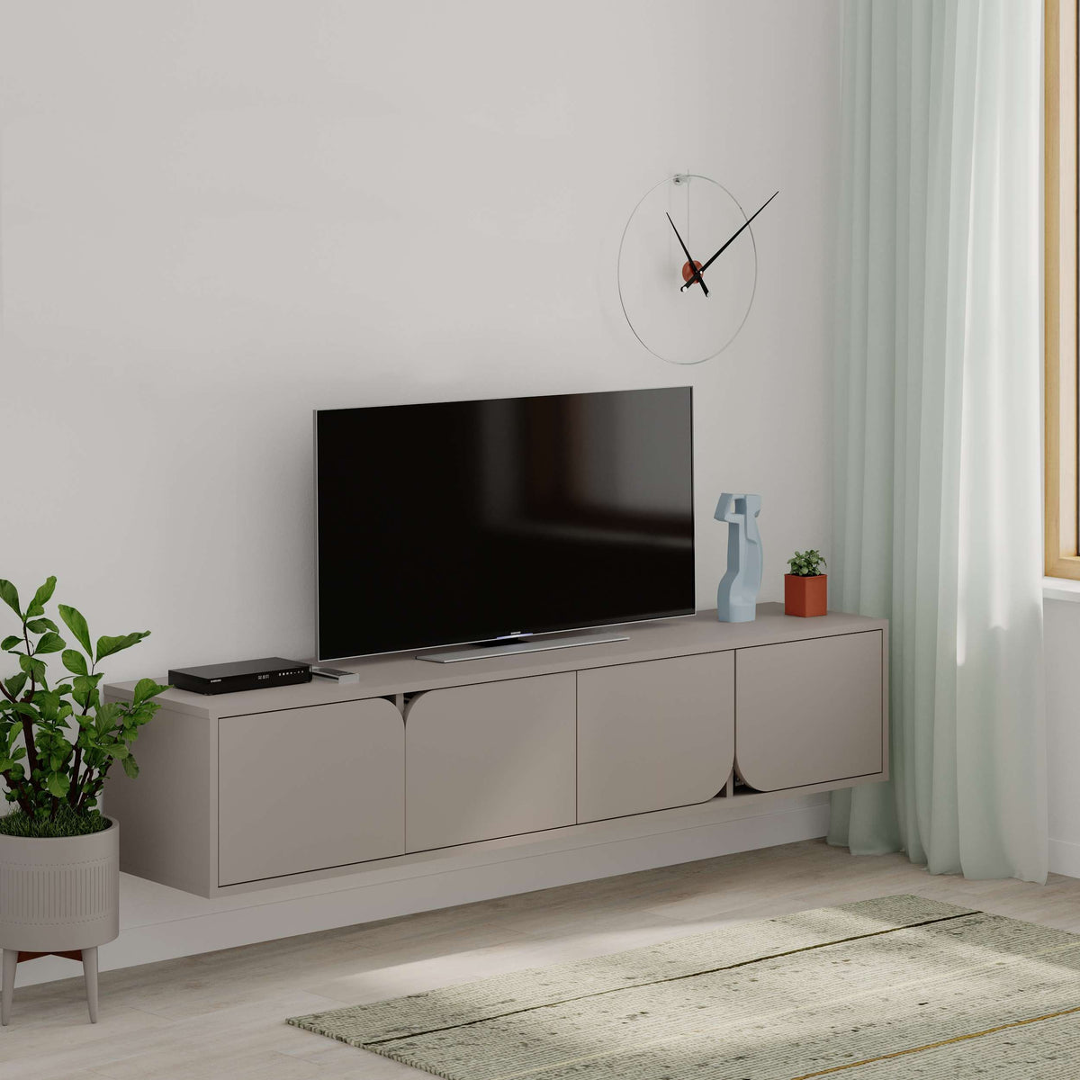Wall-mounted TV unit with 4 storage cabinets, ideal for living room entertainment setup and cable organisation