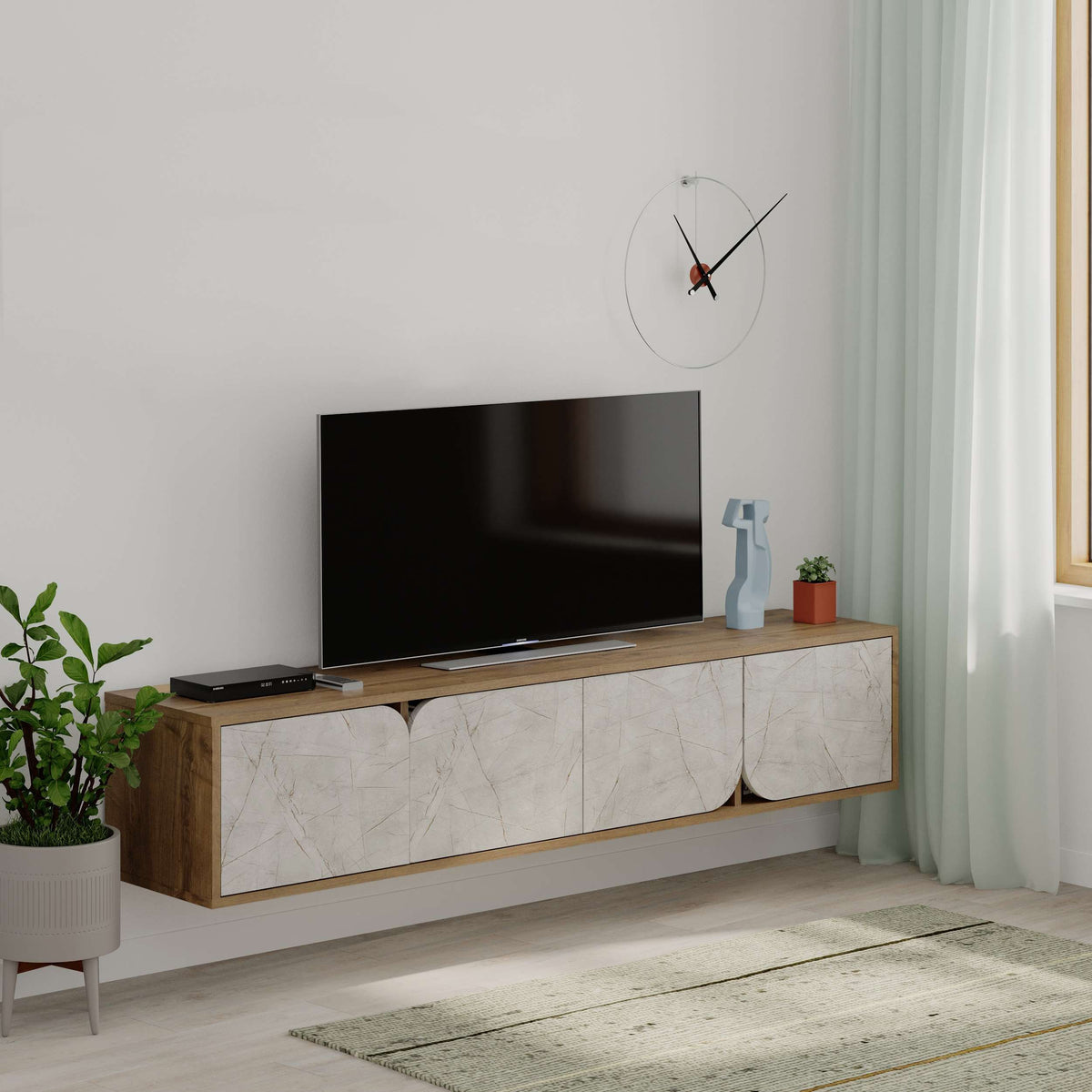 Wall-mounted TV unit with 4 storage cabinets, ideal for living room entertainment setup and cable organisation