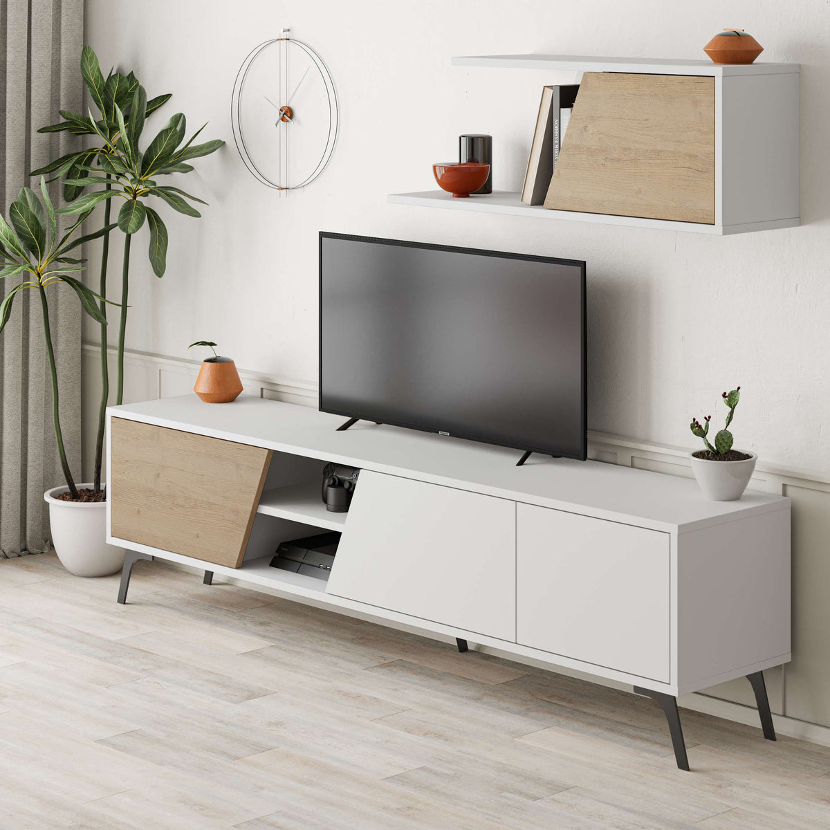 Contemporary TV unit with angled cabinet doors, media shelf and wall-mounted storage, ideal for organised entertainment spaces.