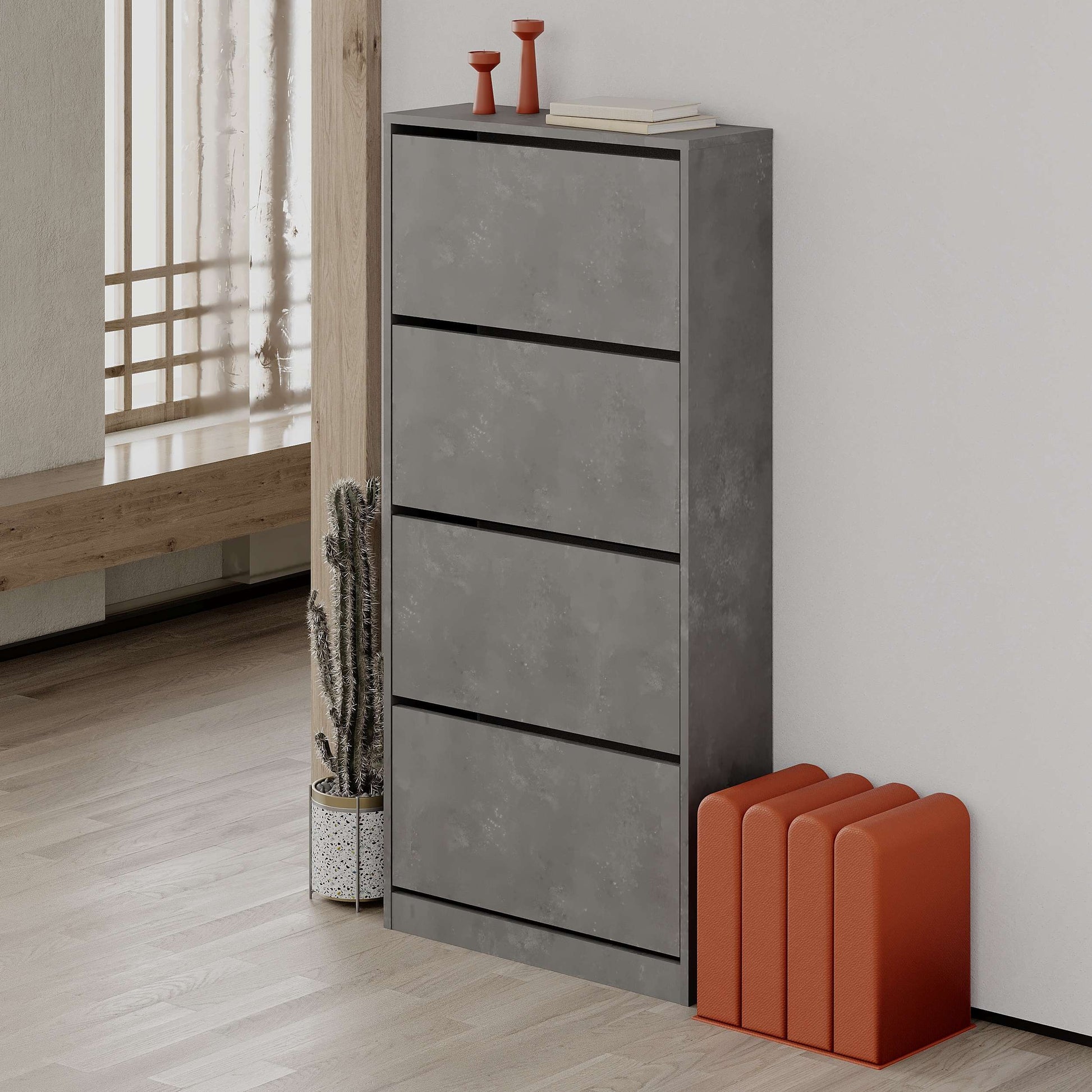 Slim retro grey hallway shoe cabinet with 4 flap compartments, ideal for narrow entryway shoe storage.