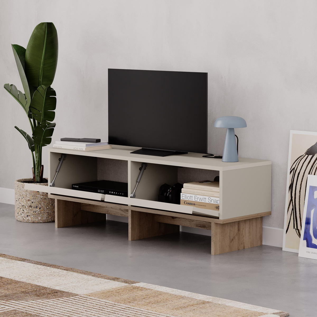 Eldro 118cm TV Stand with 2 Soft-Close Drop-Down Doors — Sandstone, Natural Oak