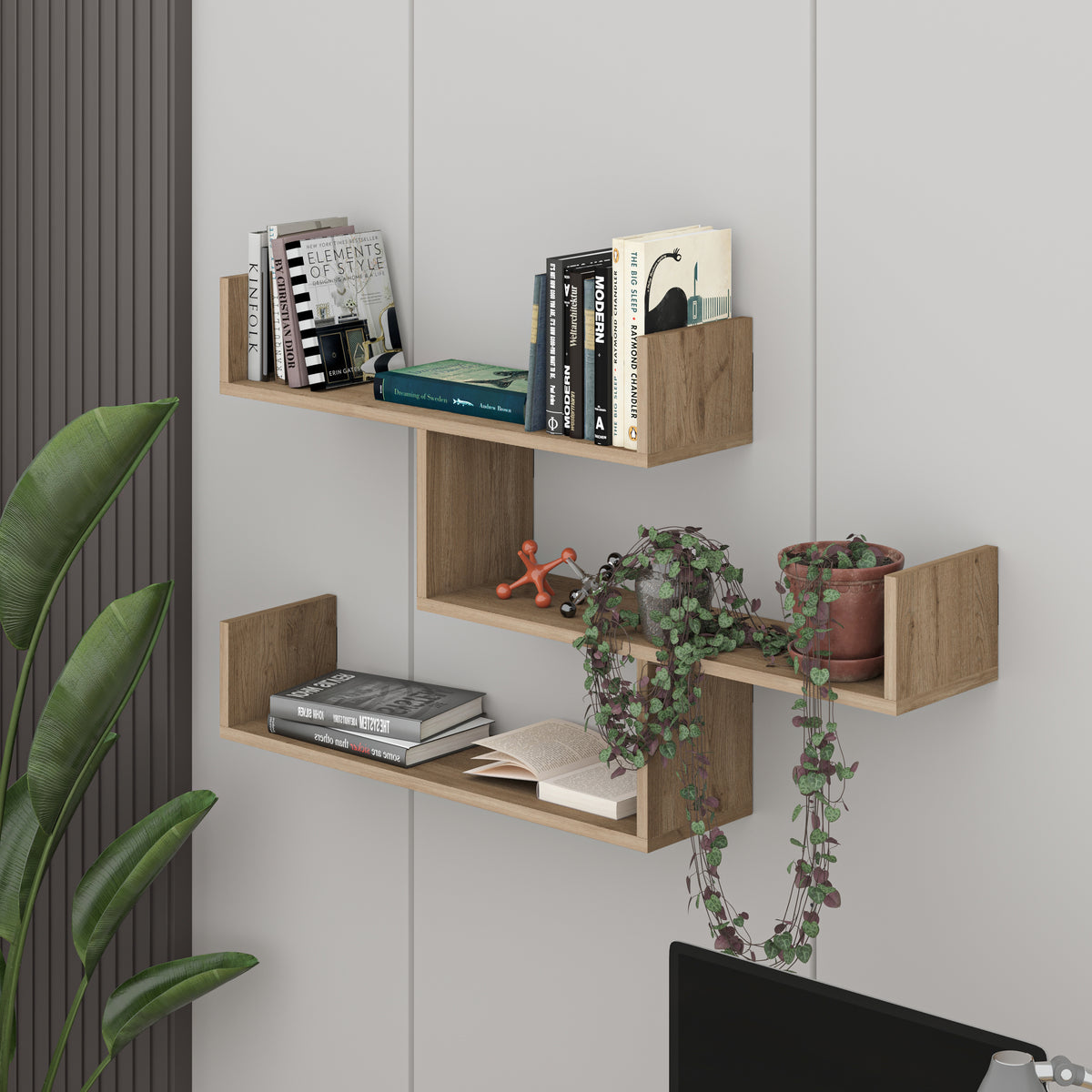 Snerra 119 cm 3-Tier Wall-Mounted Shelf Unit — Natural Oak, image 3