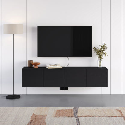 Hesmo 180cm Wall-Mounted TV Unit with 4 Soft-Close Doors — Black Wood