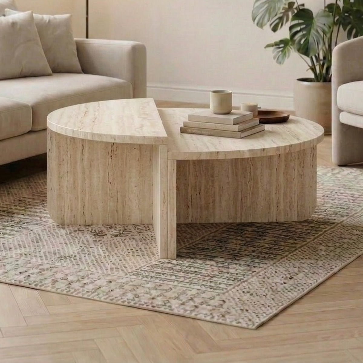 Belvo 90cm Round Coffee Table Set of 2 with Modular D-Shapes — Travertine, image 1
