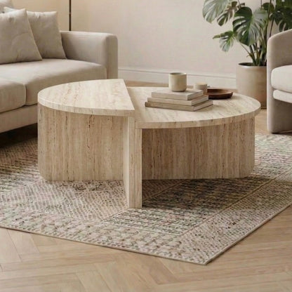 Belvo 90cm Round Coffee Table Set of 2 with Modular D-Shapes — Travertine, image 1