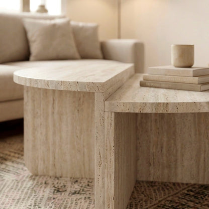 Belvo 90cm Round Coffee Table Set of 2 with Modular D-Shapes — Travertine, image 2