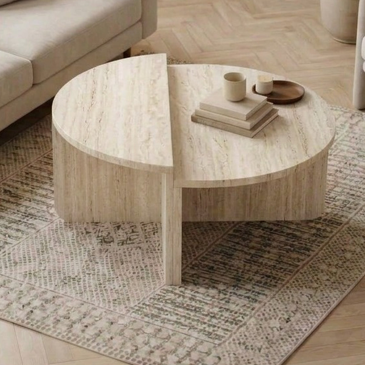 Belvo 90cm Round Coffee Table Set of 2 with Modular D-Shapes — Travertine, image 3