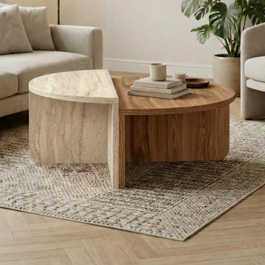 Belvo 90cm Round Coffee Table Set of 2 with Modular D-Shapes — Whiskey Oak, Travertine, image 1