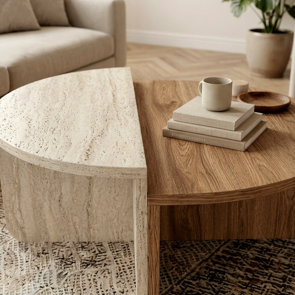 Belvo 90cm Round Coffee Table Set of 2 with Modular D-Shapes — Whiskey Oak, Travertine, image 2