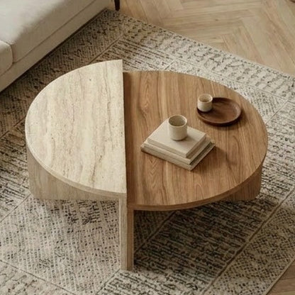 Belvo 90cm Round Coffee Table Set of 2 with Modular D-Shapes — Whiskey Oak, Travertine, image 3