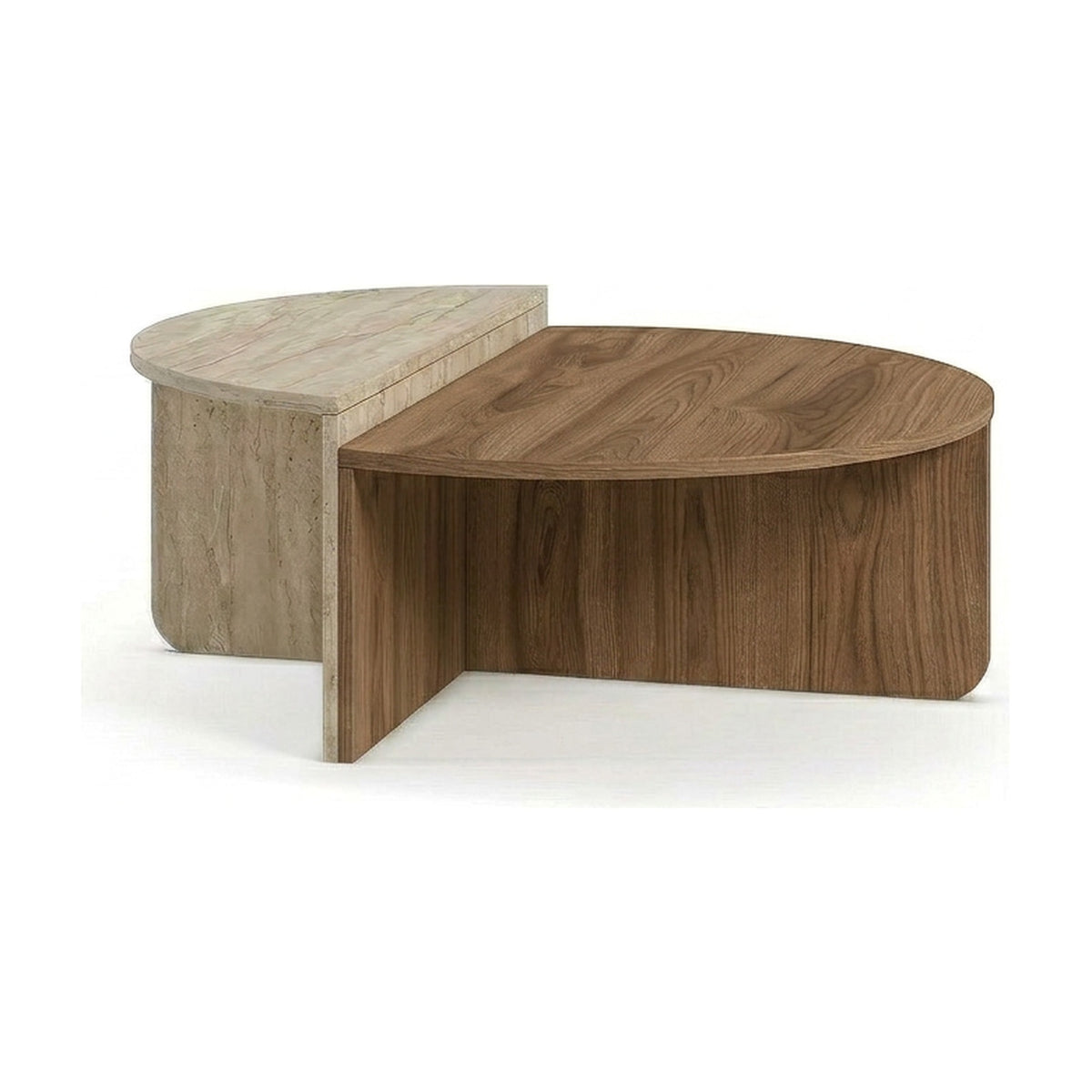 Belvo 90cm Round Coffee Table Set of 2 with Modular D-Shapes — Whiskey Oak, Travertine, image 4