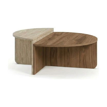 Belvo 90cm Round Coffee Table Set of 2 with Modular D-Shapes — Whiskey Oak, Travertine, image 4