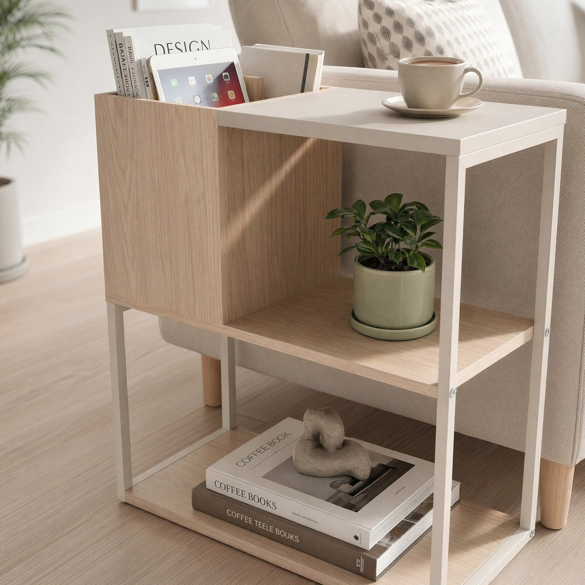 Hasvo 55 cm Multi-Tier Side Table with Cube Storage — Sonoma Oak