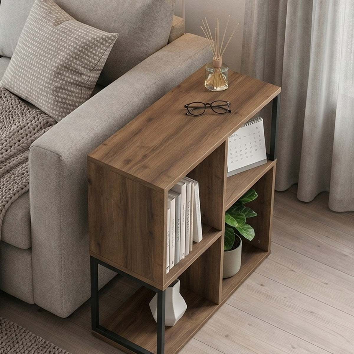 Birkal 62 cm Mini Bookcase with 2 Shelves and Metal Frame — Dark Oak Effect, image 2