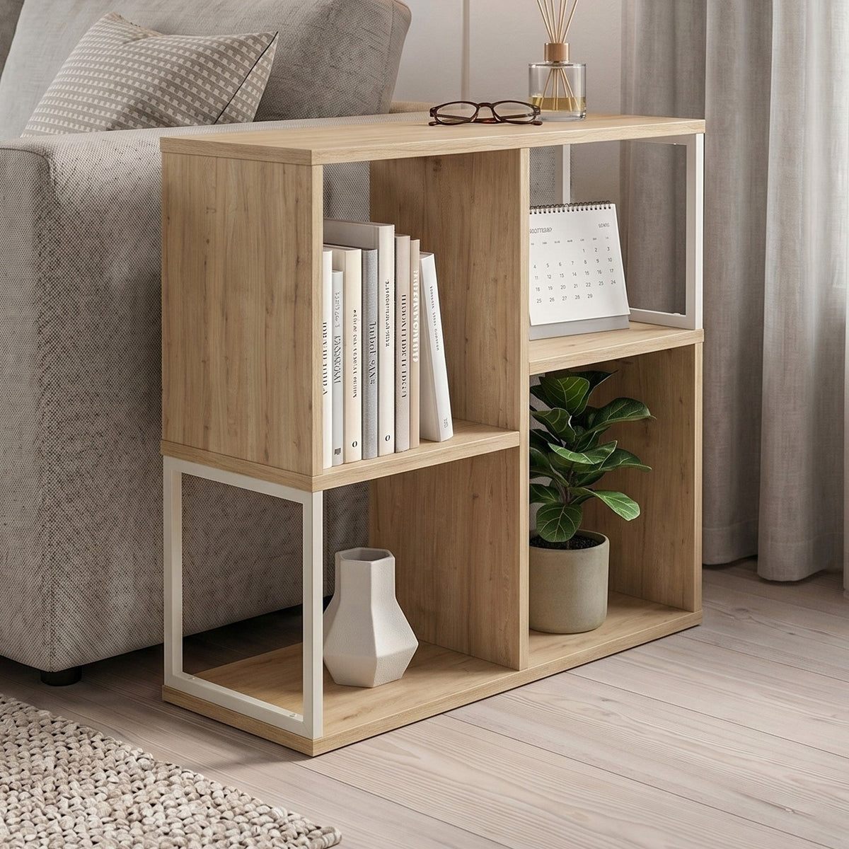 Birkal 62 cm Mini Bookcase with 2 Shelves and Metal Frame — Oak, image 1