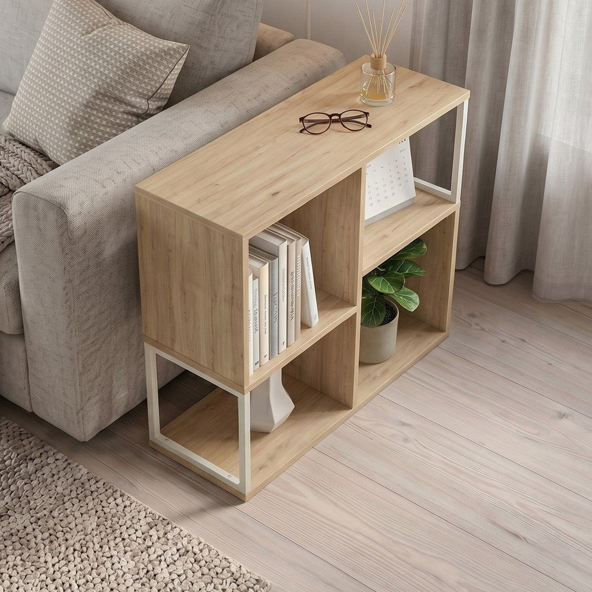 Birkal 62 cm Mini Bookcase with 2 Shelves and Metal Frame — Oak, image 2