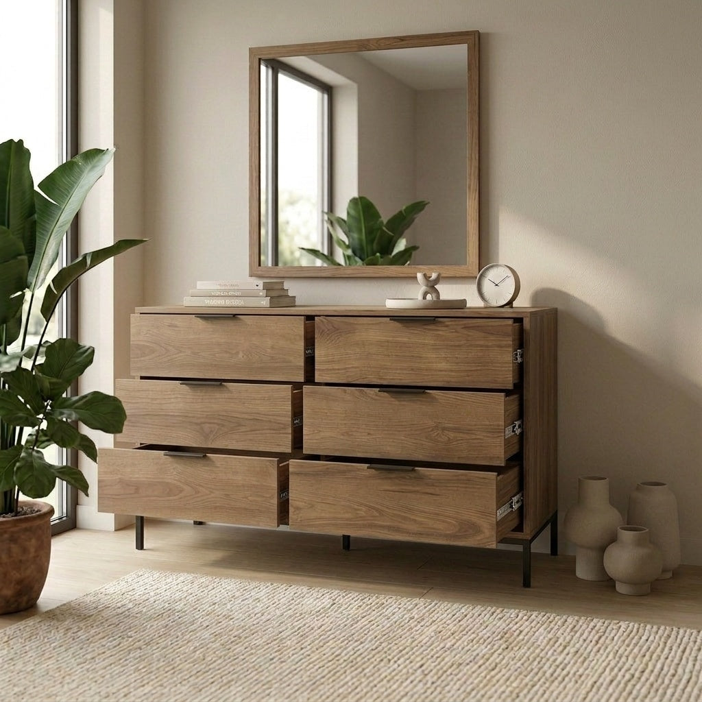 Brondal 140 cm Wide 6 Drawer Chest of Drawers on Metal Legs — Whiskey Oak, image 3