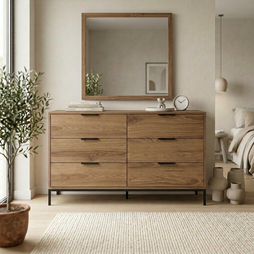 Brondal 140 cm Wide 6 Drawer Chest of Drawers on Metal Legs — Whiskey Oak, image 4